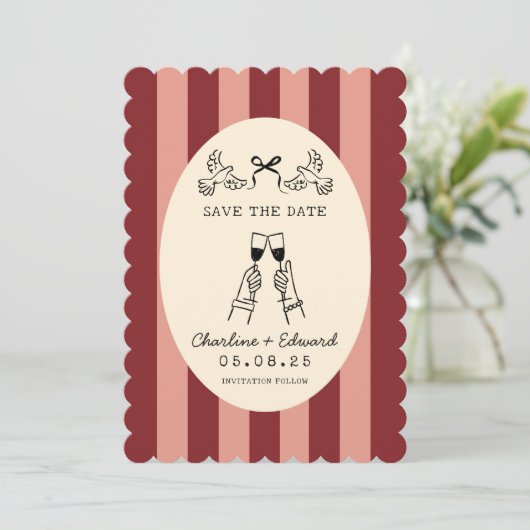 Whimsical Red Pink Striped Scribble Save the Date Kaart (Staand voorkant)