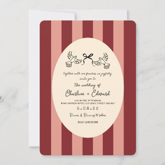 Whimsical Red Pink Striped Scribble  Wedding  Kaart (Voorkant)