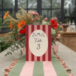 Whimsical Red Pink Striped Wedding Table Number  Kaart<br><div class="desc">Add a playful yet elegant touch to your wedding reception with this Whimsical Red and Pink Striped Table Number Card. Featuring hand-drawn doves tied with a ribbon and bold vintage stripes, this design beautifully blends romance and nostalgia. Perfect for retro, bohemian, or holiday-themed weddings — a charming way to guide...</div>