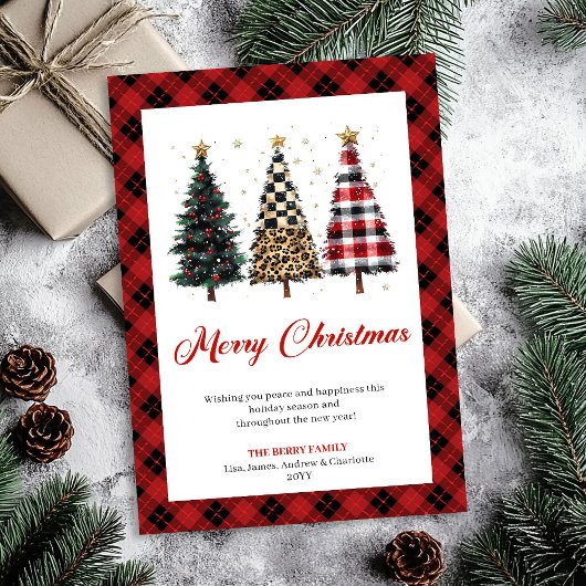 Whimsical Red Plaid Christmas Tree Leopard Pattern Feestdagenkaart