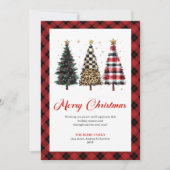 Whimsical Red Plaid Christmas Tree Leopard Pattern Feestdagenkaart (Voorkant)