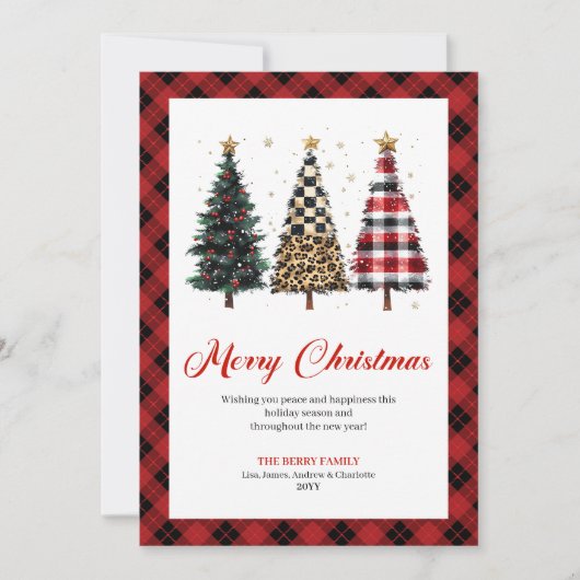 Whimsical Red Plaid Christmas Tree Leopard Pattern Feestdagenkaart (Voorkant)