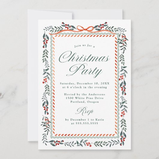 Whimsical Red Ribbon and Greenery Christmas Party Kaart (Voorkant)