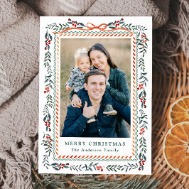 Whimsical Red Ribbon en Greenery 2 Foto Feestdagenkaart