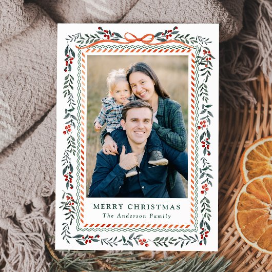Whimsical Red Ribbon en Greenery 2 Foto Feestdagenkaart