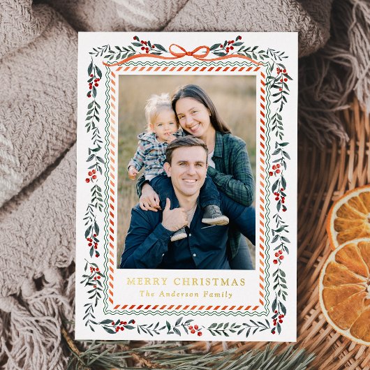 Whimsical Red Ribbon en Greenery 2 Foto Folie Feestdagenkaart
