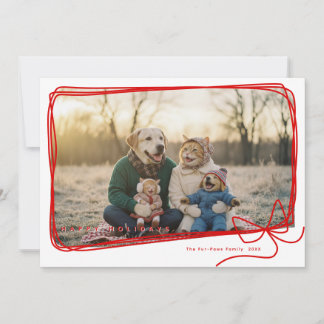 Whimsical Red Ribbon Frame Holiday Photo Kaart