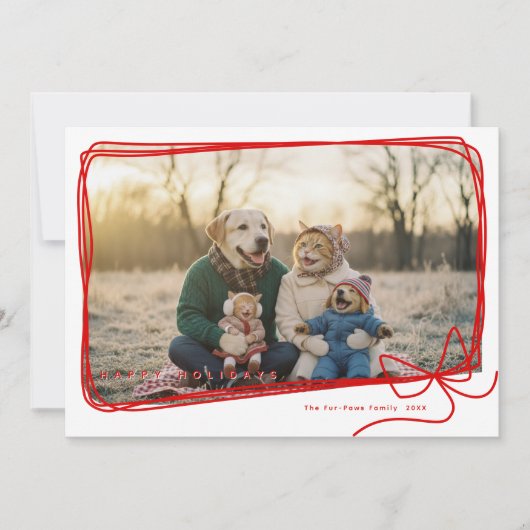 Whimsical Red Ribbon Frame Holiday Photo Kaart (Voorkant)
