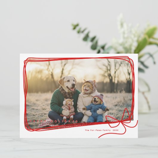 Whimsical Red Ribbon Frame Holiday Photo Kaart (Staand voorkant)