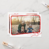 Whimsical Red Ribbon Frame Holiday Photo Kaart (Voorkant / Achterkant in situ)