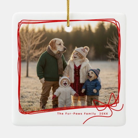 Whimsical Red Ribbon Frame Holiday Photo Keramisch Ornament (Achterkant)