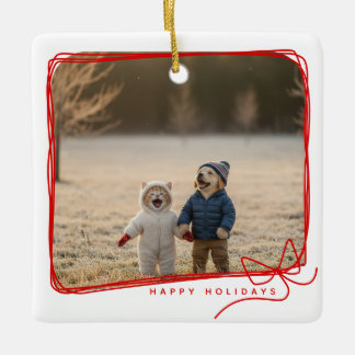 Whimsical Red Ribbon Frame Holiday Photo Keramisch Ornament