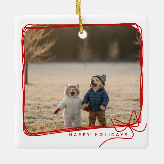 Whimsical Red Ribbon Frame Holiday Photo Keramisch Ornament (Voorkant)