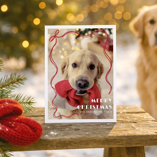 Whimsical Red Ribbon Pet Foto Vrolijk Kerstfeest Briefkaart