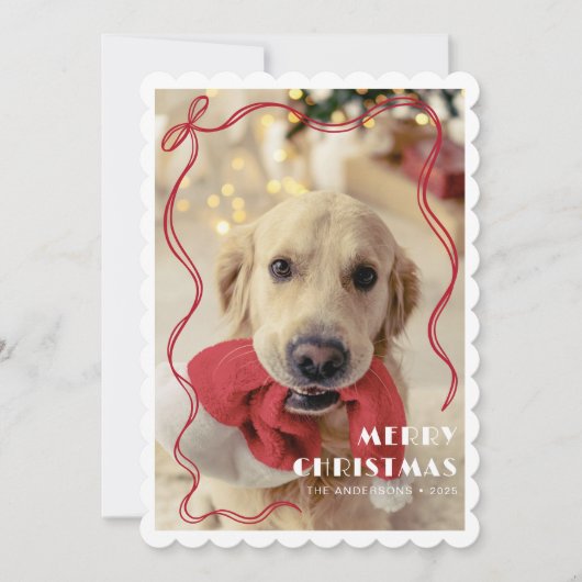Whimsical Red Ribbon Pet Foto Vrolijk Kerstfeest Feestdagenkaart (Voorkant)