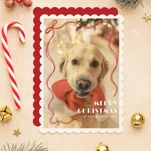 Whimsical Red Ribbon Pet Foto Vrolijk Kerstfeest Feestdagenkaart