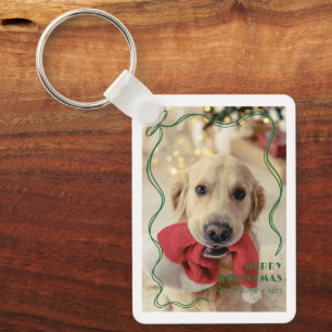 Whimsical Red Ribbon Pet Foto Vrolijk Kerstfeest Sleutelhanger