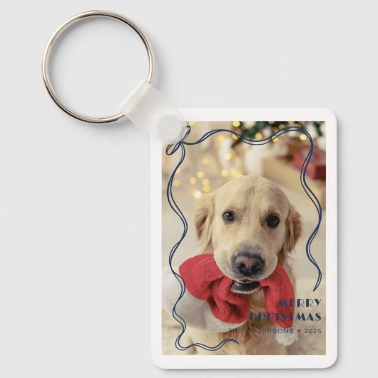 Whimsical Red Ribbon Pet Photo Merry Christmas Sleutelhanger (Voorkant)