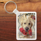 Whimsical Red Ribbon Pet Photo Merry Christmas Sleutelhanger (Voorkant)