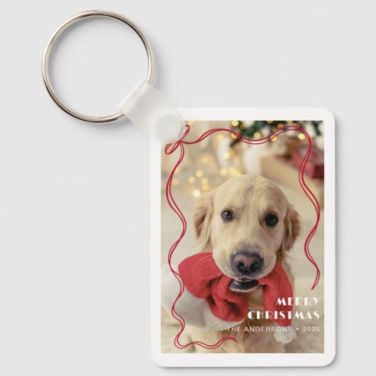 Whimsical Red Ribbon Pet Photo Merry Christmas Sleutelhanger (Voorkant)