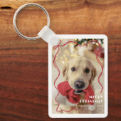 Whimsical Red Ribbon Pet Photo Merry Christmas Sleutelhanger (Voorkant)