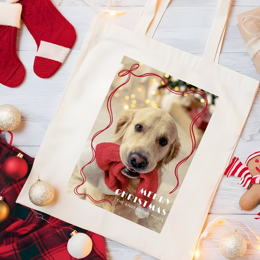 Whimsical Red Ribbon Vrolijk Kerstfeest Pet Foto Tote Bag