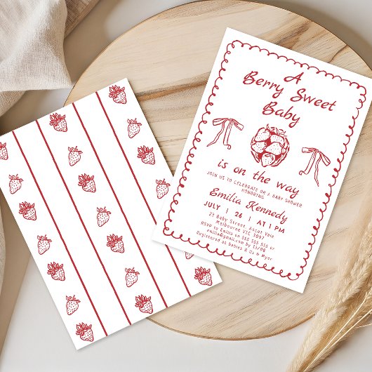 Whimsical Red Strawberry Berry Sweet Baby shower Kaart