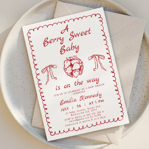 Whimsical Red Strawberry Berry Sweet Baby shower Kaart