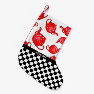 Whimsical Red Teapots Checkerboard, gepersonalisee Kleine Kerstsok