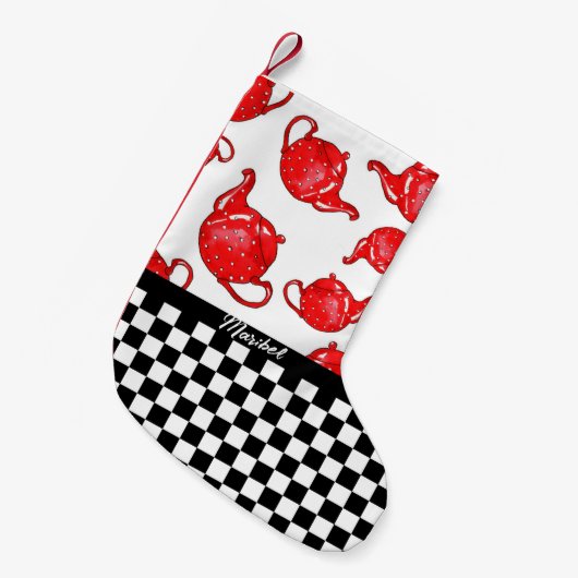 Whimsical Red Teapots Checkerboard, gepersonalisee Kleine Kerstsok (Voorkant (Hangend))