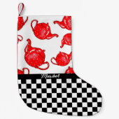 Whimsical Red Teapots Checkerboard, gepersonalisee Kleine Kerstsok (Voorkant)