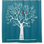 Whimsical Red Tortelduifjes in Tree Blauwgroen Blu Douchegordijn (Voorkant)