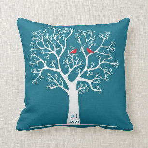 Whimsical Red Tortelduifjes in Tree Blauwgroen Blu Kussen