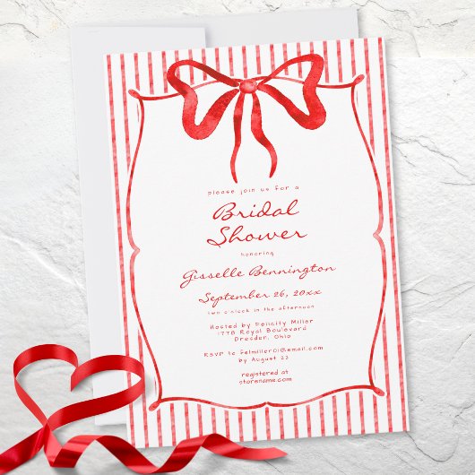 Whimsical Red Watercolor Bow Stripe Bridal Shower Kaart