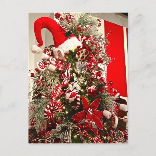 Whimsical Red & White Snoep Threaded kerstboom Briefkaart (Voorkant)