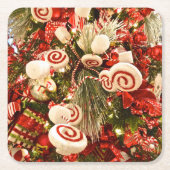 Whimsical Red & White Snoep Threaded kerstboom Kartonnen Onderzetters (Voorkant)