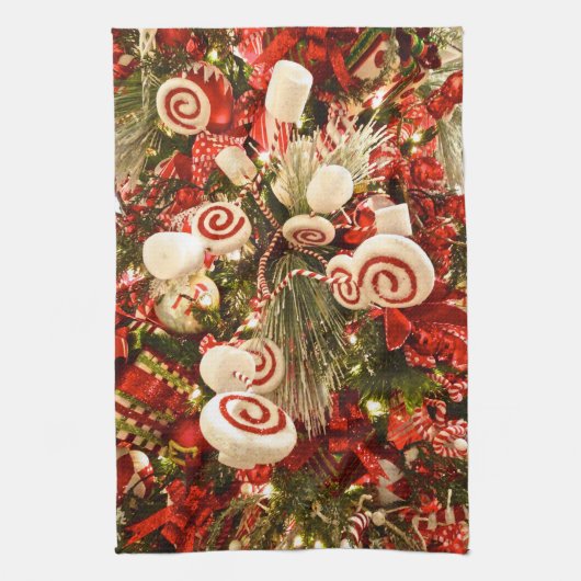 Whimsical Red & White Snoep Threaded kerstboom Theedoek (Verticaal)