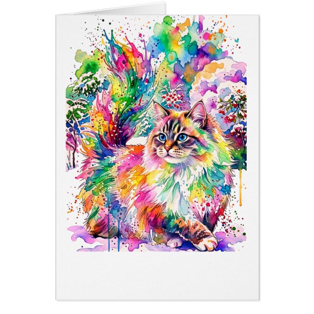 Whimsical Regenboog Waterverf Fluffy Kat in Winter (Voorkant)