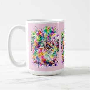 Whimsical Regenboog Waterverf Fluffy Kat in Winter Koffiemok