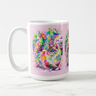 Whimsical Regenboog Waterverf Fluffy Kat in Winter Koffiemok