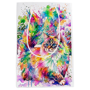 Whimsical Regenboog Waterverf Fluffy Kat in Winter Medium Cadeauzakje