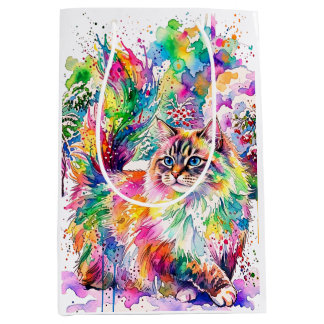 Whimsical Regenboog Waterverf Fluffy Kat in Winter Medium Cadeauzakje