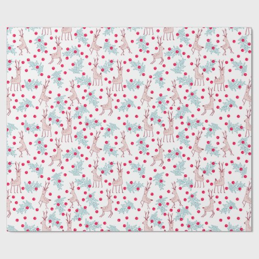 Whimsical Reindeer and Berry Christmas Pattern Cadeaupapier (Vlak)