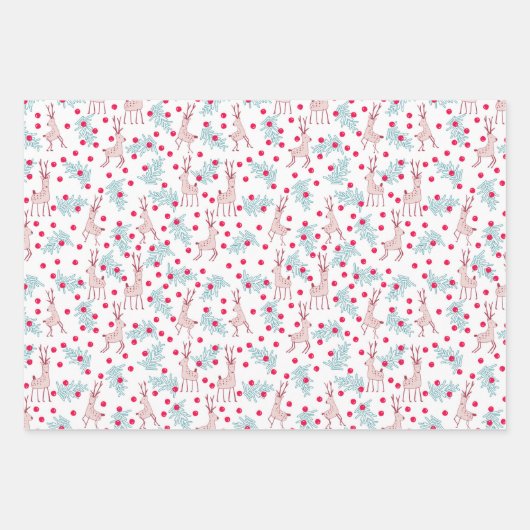 Whimsical Reindeer and Berry Christmas Pattern Inpakpapier Vel (Voorkant)