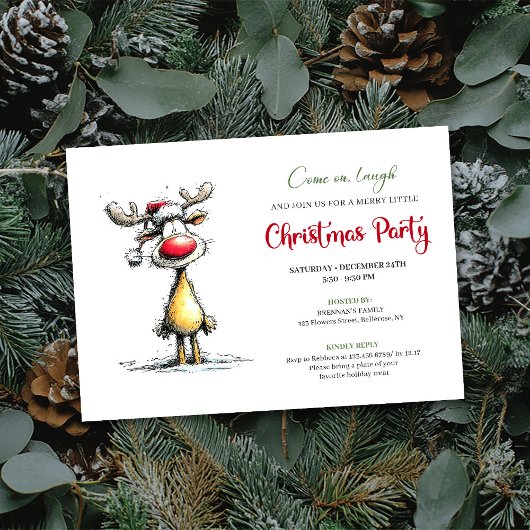 Whimsical Reindeer Editable Christmas Invitation Kaart