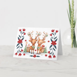 Whimsical Reindeer & Florals Christmas Kaart
