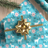 Whimsical Rendier & Poinsettia Bloemen Kerstmis Cadeaupapier