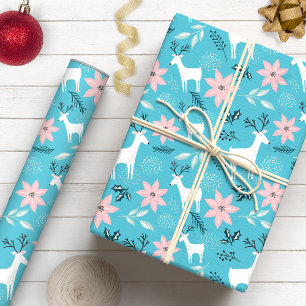 Whimsical Rendier & Poinsettia Bloemen Kerstmis Cadeaupapier