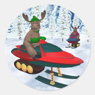 Whimsical rendieren op sneeuwscooters ronde sticker