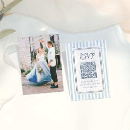 Whimsical Retro Blauwe Strepen Huwelijks RSVP Informatiekaartje